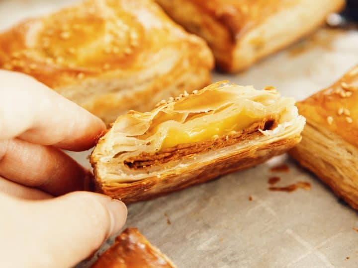 diners view showing the inside of vegan ham and cheese croissant