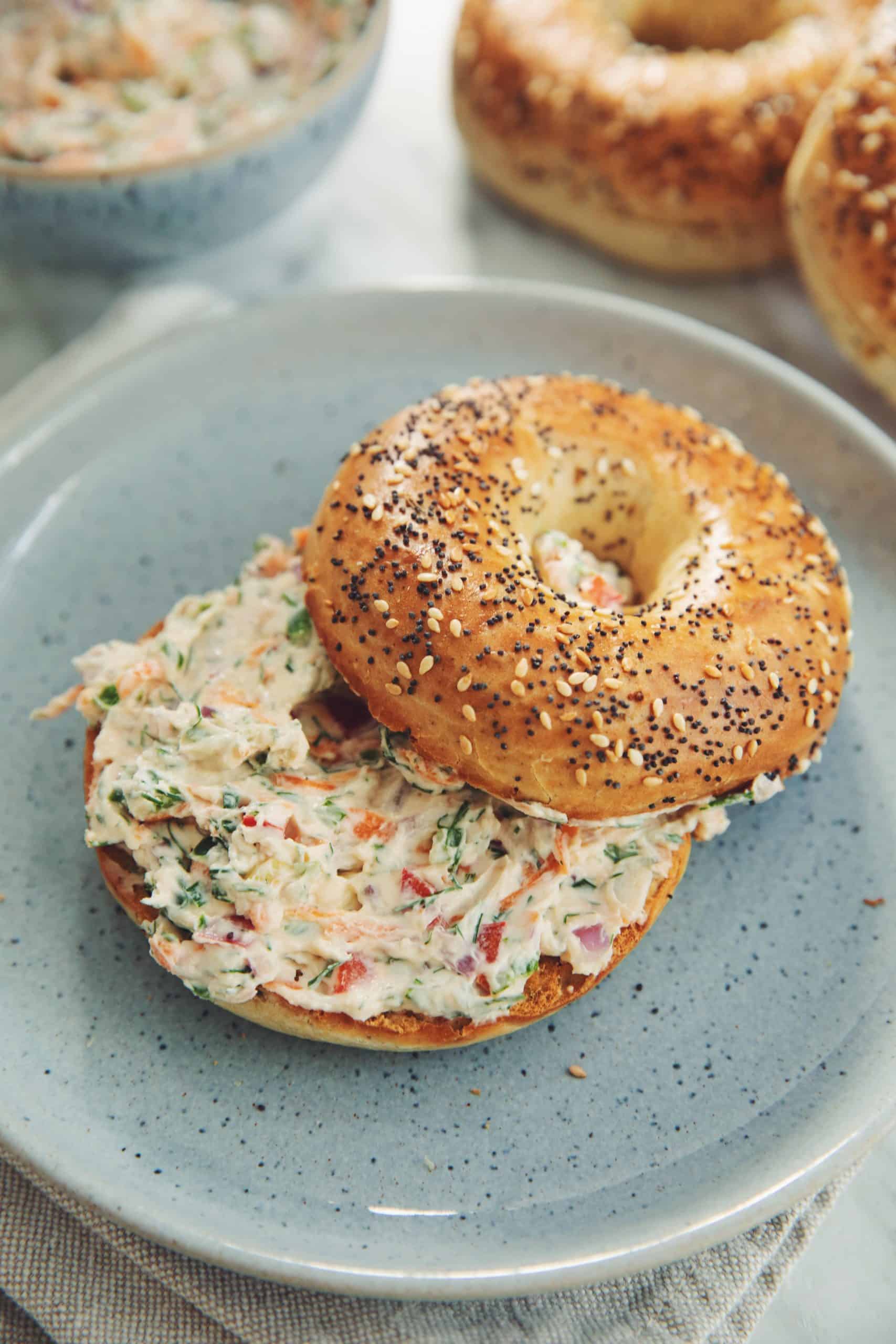 veggie vegan cream cheese on an everything bagel