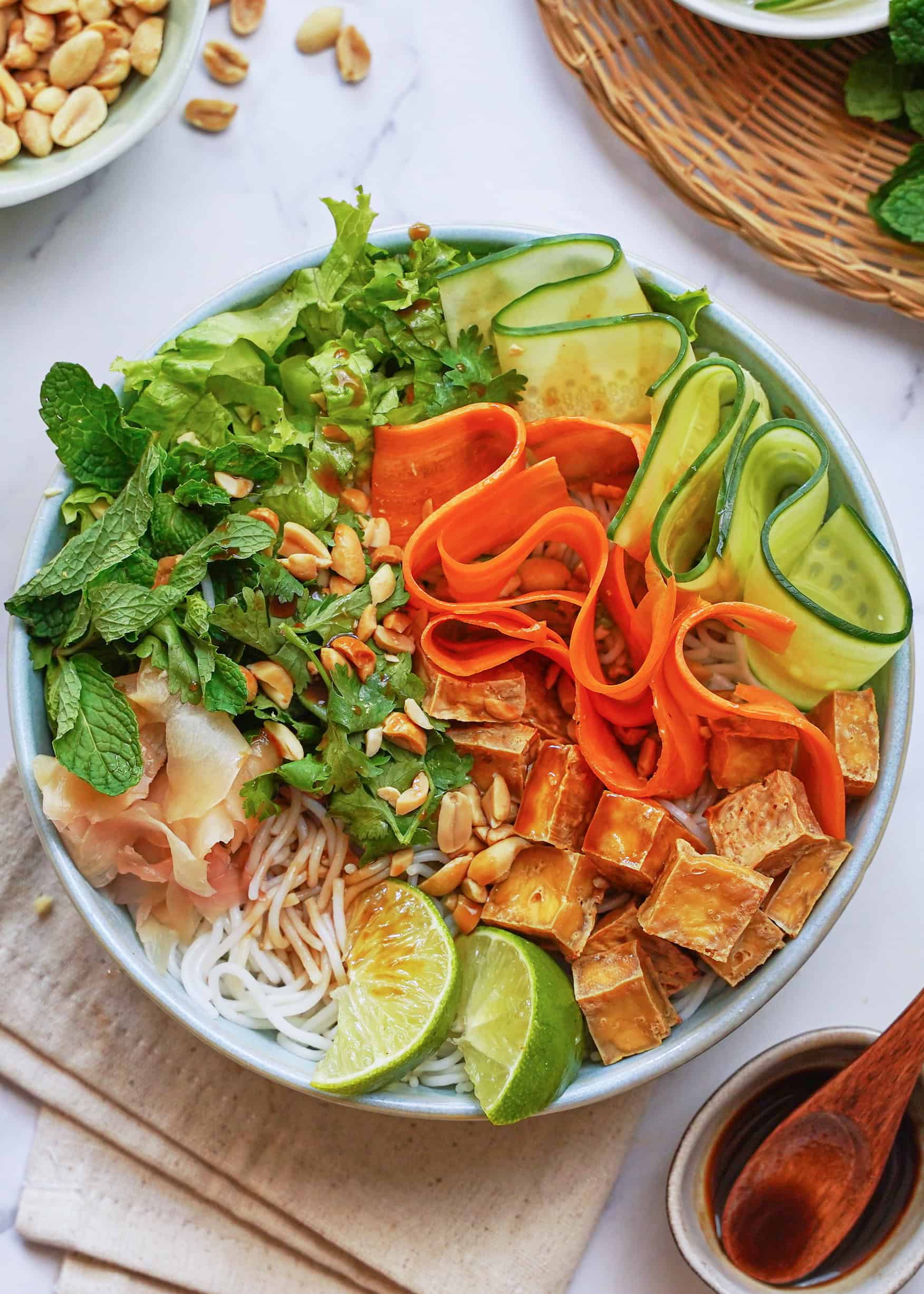 overhead of vietnamese-style noodle bowl
